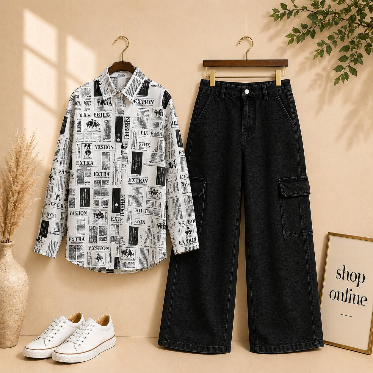 New Paper Button Down Shirt with Black Wide Leg Cargo Jeans