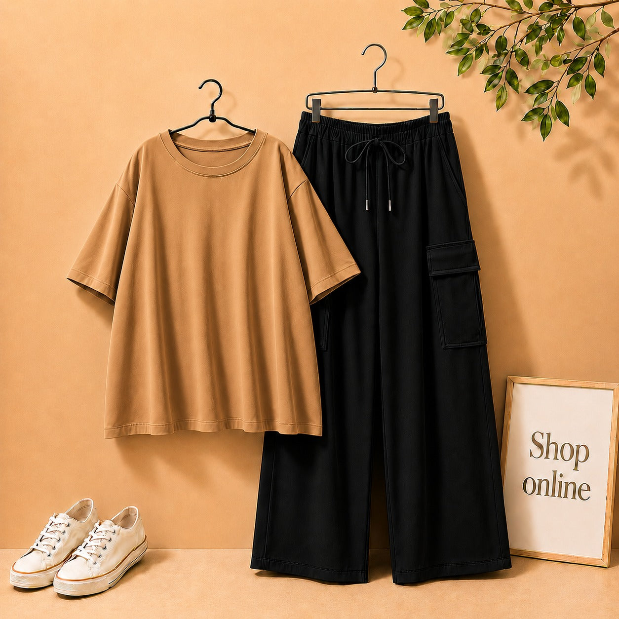Light Brown Drop Shoulder Tee with Black Cargo Trouser