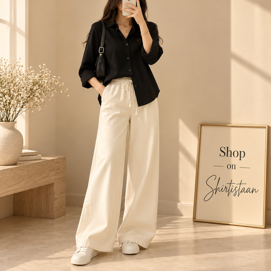 BLACK BUTTON DOWN SHIRT WITH BEIGE FLAPPER