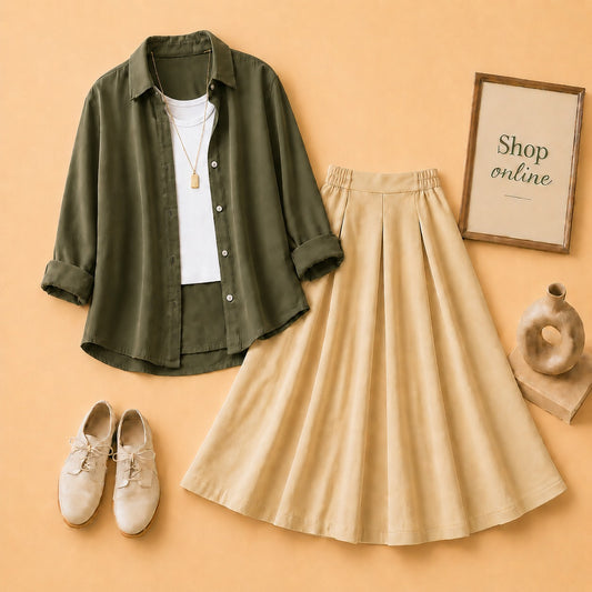 Olive Green Button Down Shirt with White Tanktop & Beige Twill Skirt