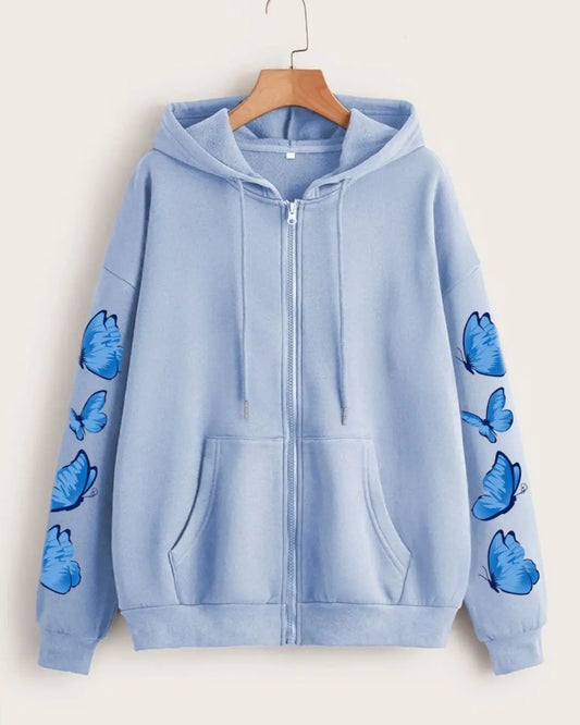 SKY BLUE ZIPPER HOOD BLUE BUTTERFLY LINE ON SLEEVES