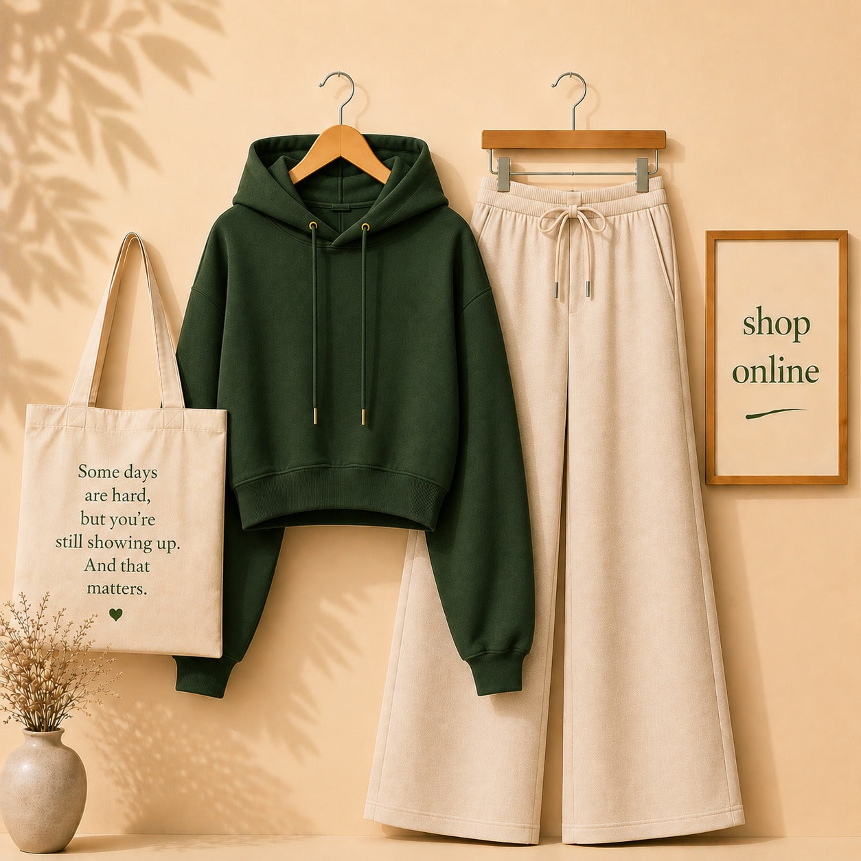 Basic Bottle Green Crop Hoodie with Beige Flapper