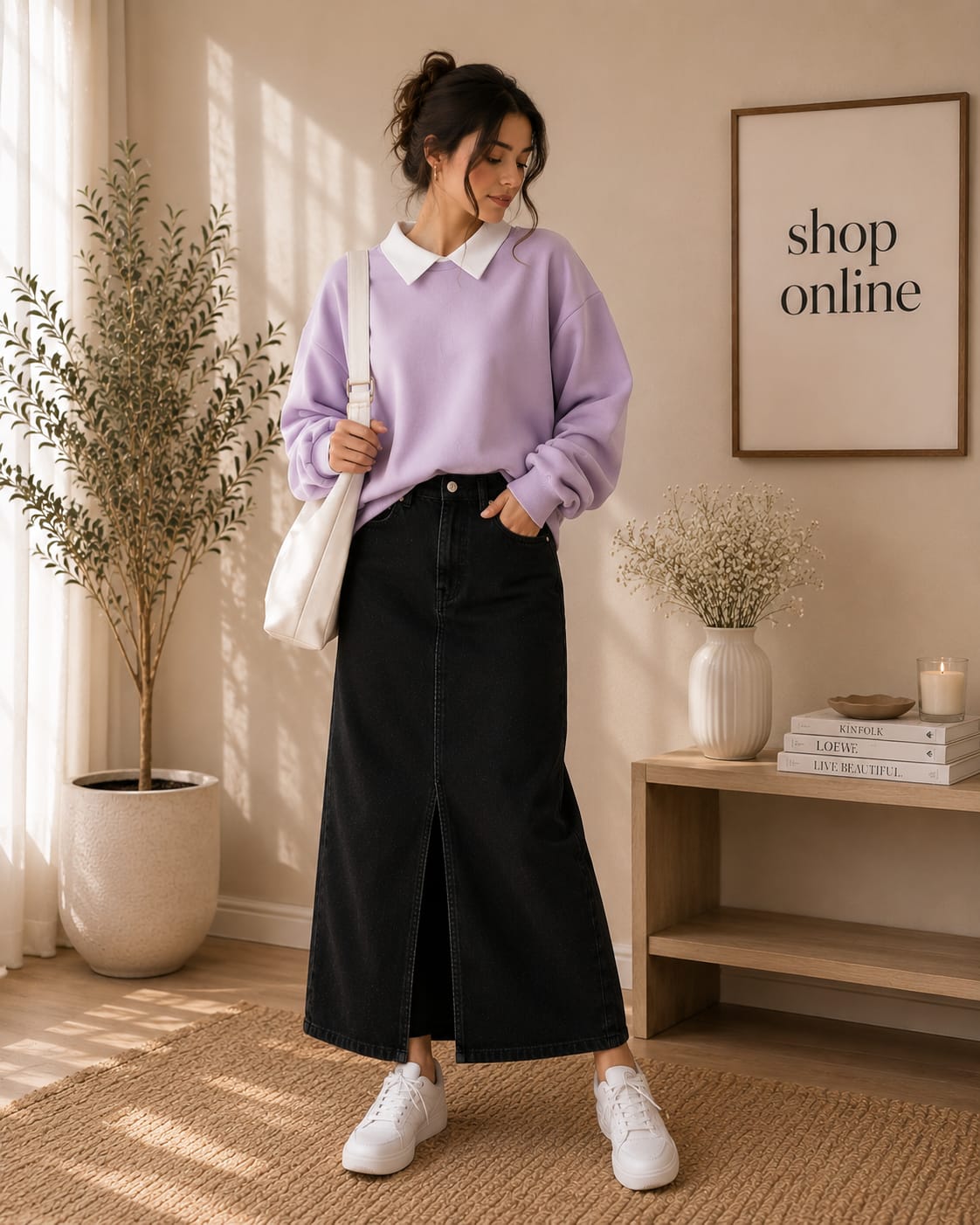 Lilac Collar Sweatshirt with Black Denim Skirt