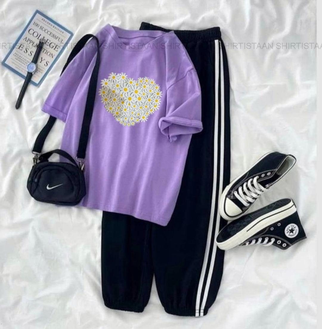 LILAC TSHIRT DAISY HEART WITH STRIPE TROUSER