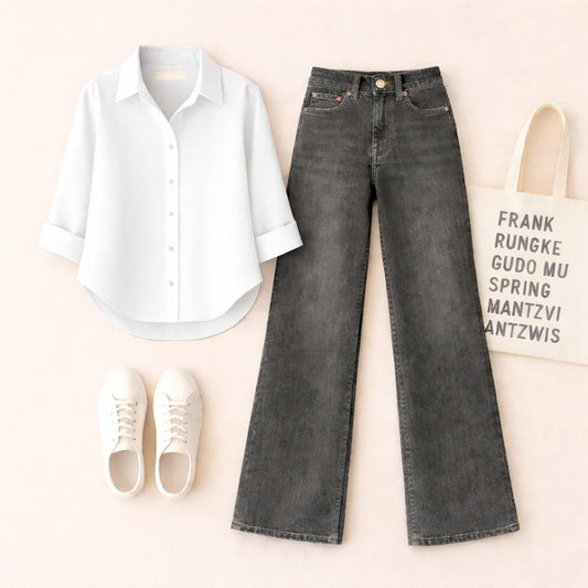White Button  Down Shirt with Malaysia Black Wide Leg Jeans