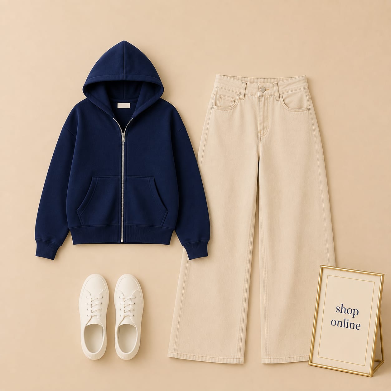 Navy Blue Zipper with Beige Wide Leg Jeans