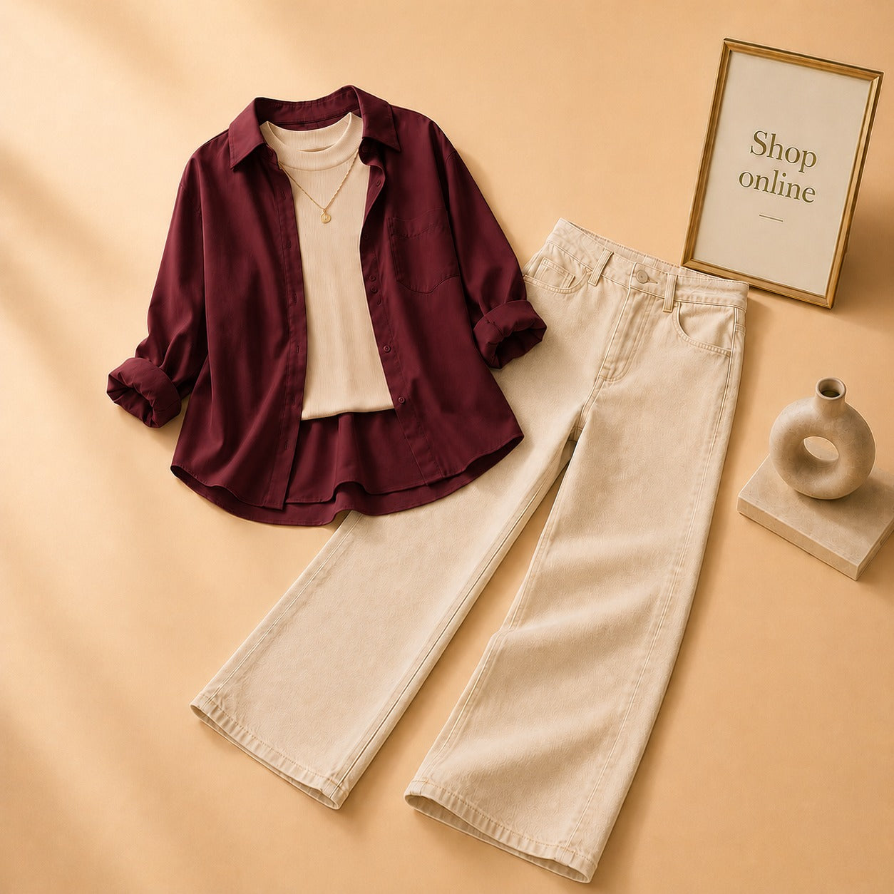 Maroon Button Down Shirt with Beige Tank top and Beige Wide Leg Jeans