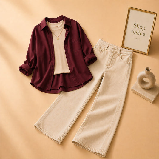Maroon Button Down Shirt with Beige Tank top and Beige Wide Leg Jeans