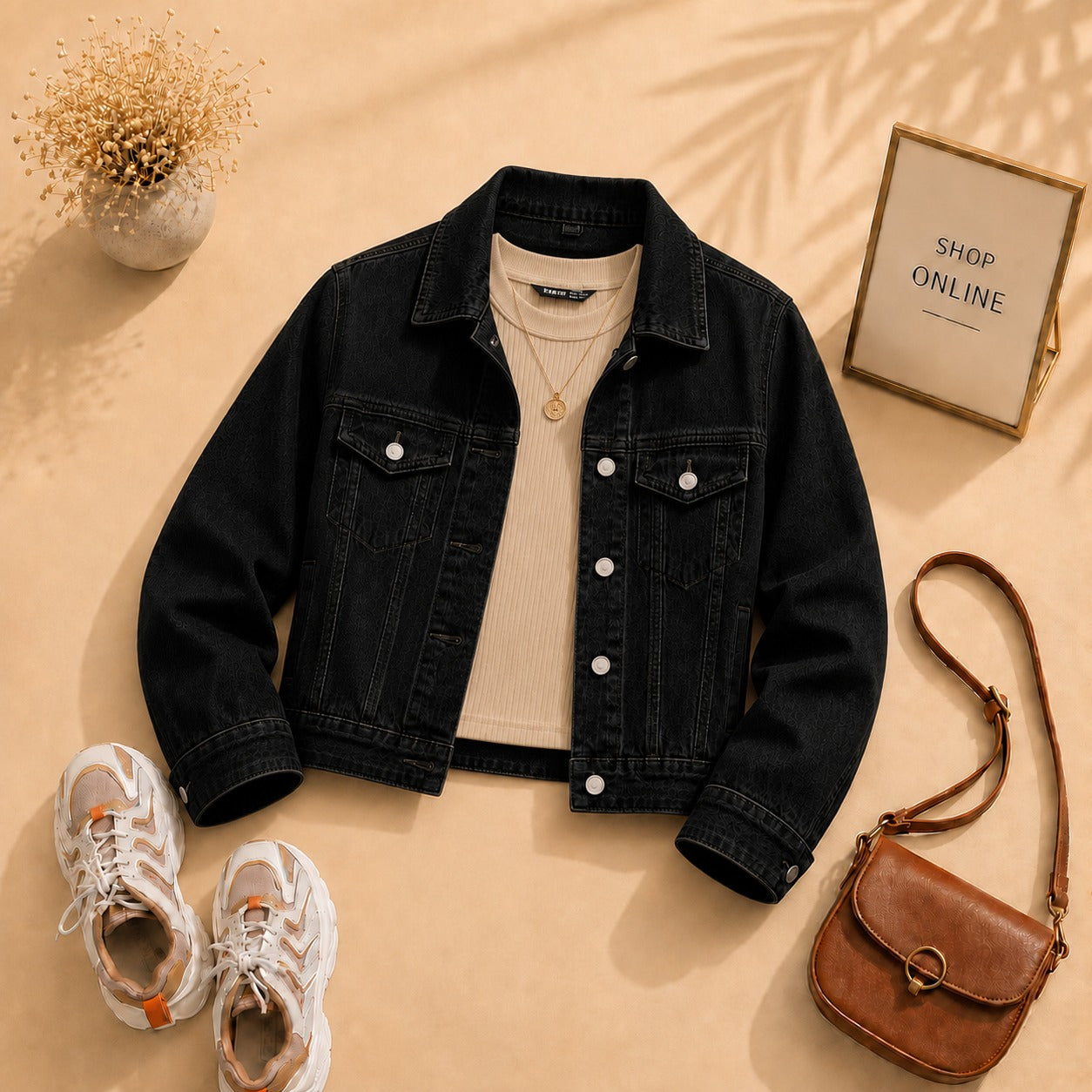 Black Denim Jacket with Beige Tanktop