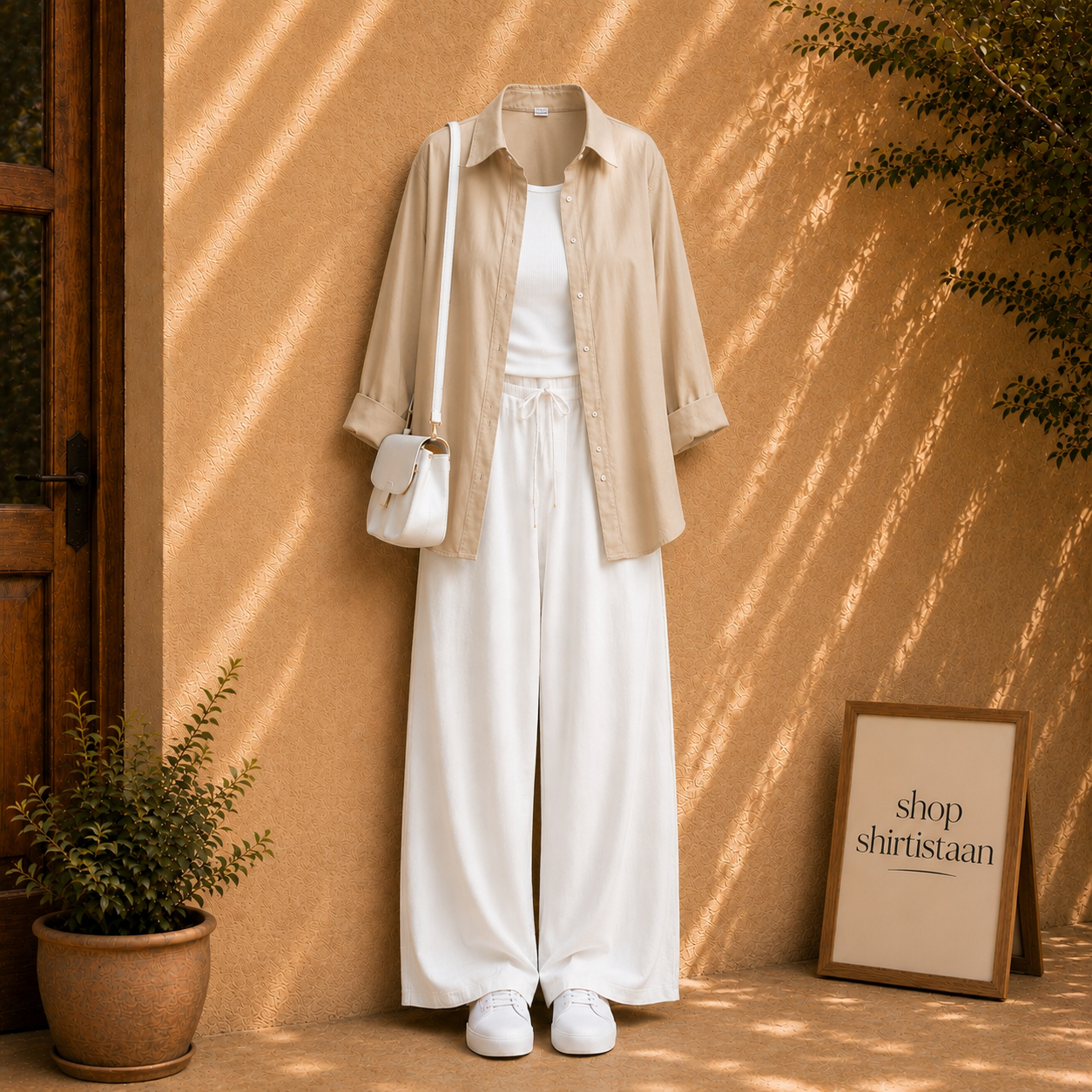 Beige Button Down Shirt With White Tank top and White Flapper
