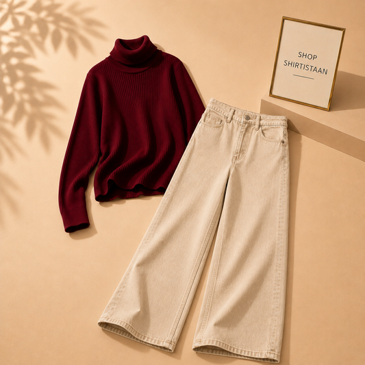 Maroon Ribknit High Neck with Beige Wide Leg Jeans