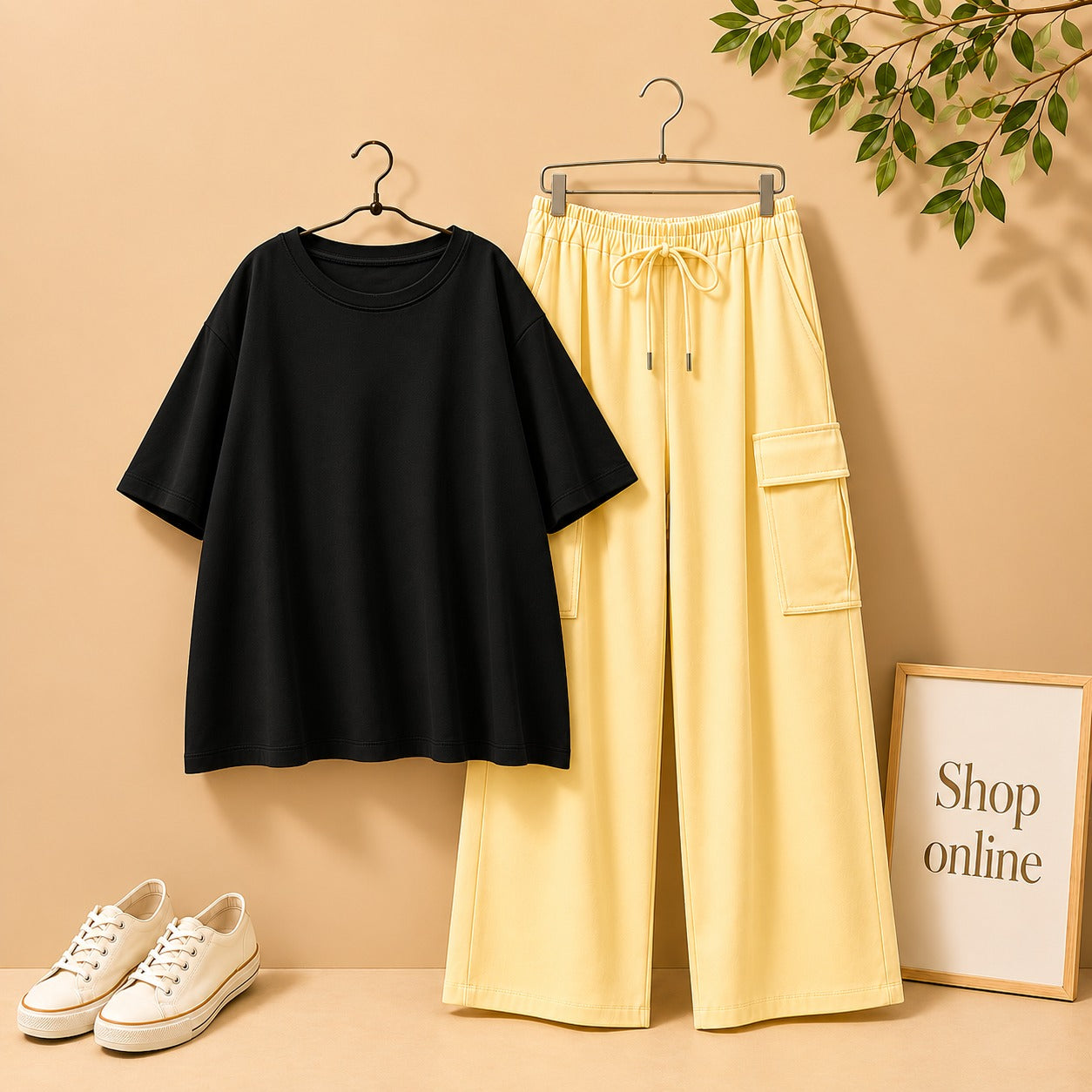 Black Drop Shoulder Tee with Beige Cargo Trouser