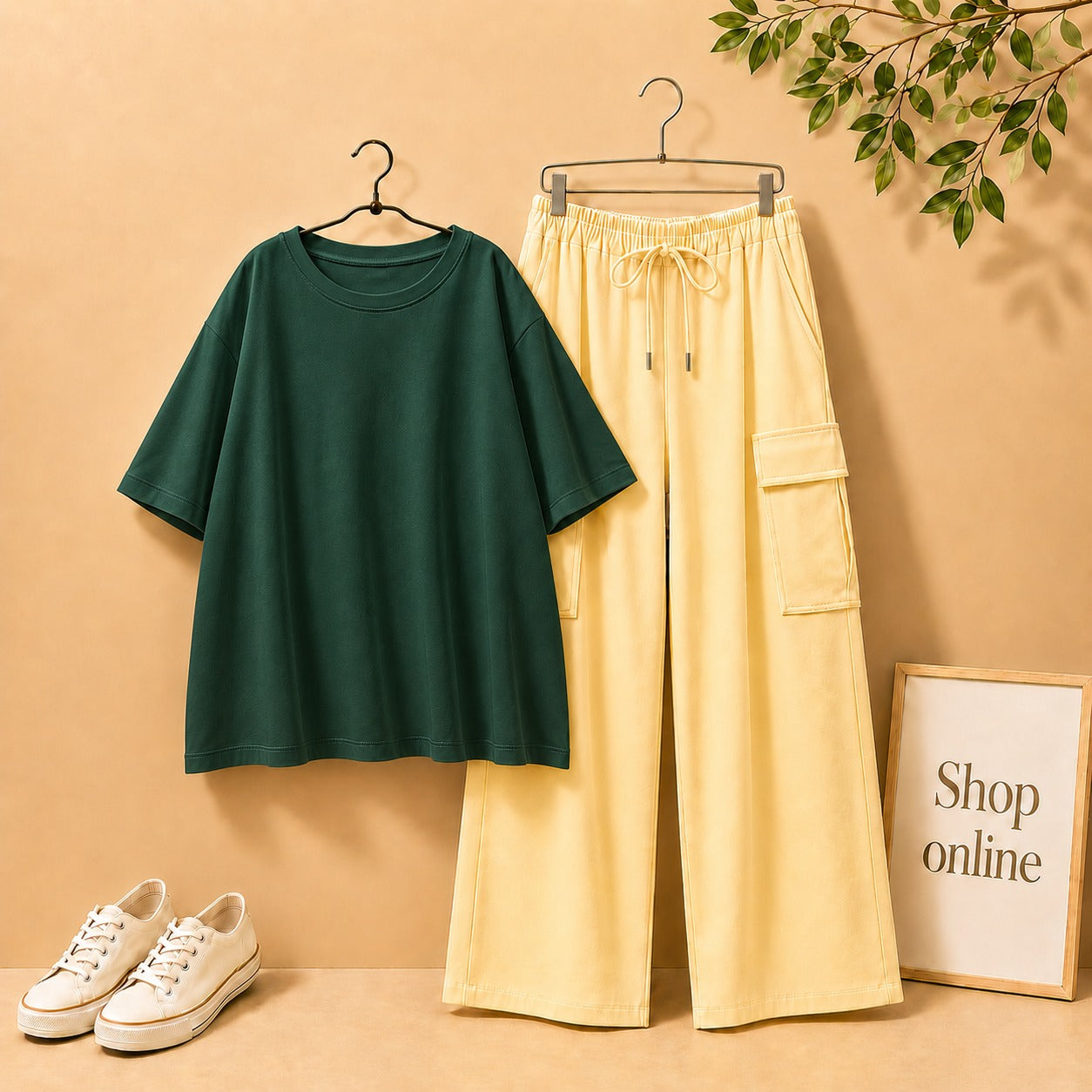 Bottle Green Drop Shoulder Tee with Beige Cargo Trouser