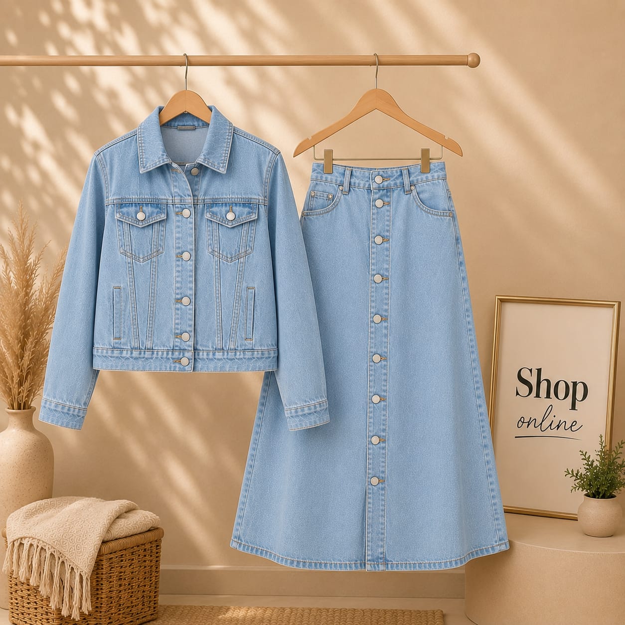Sky Blue Denim Jacket With Sky Blue Denim Skirt