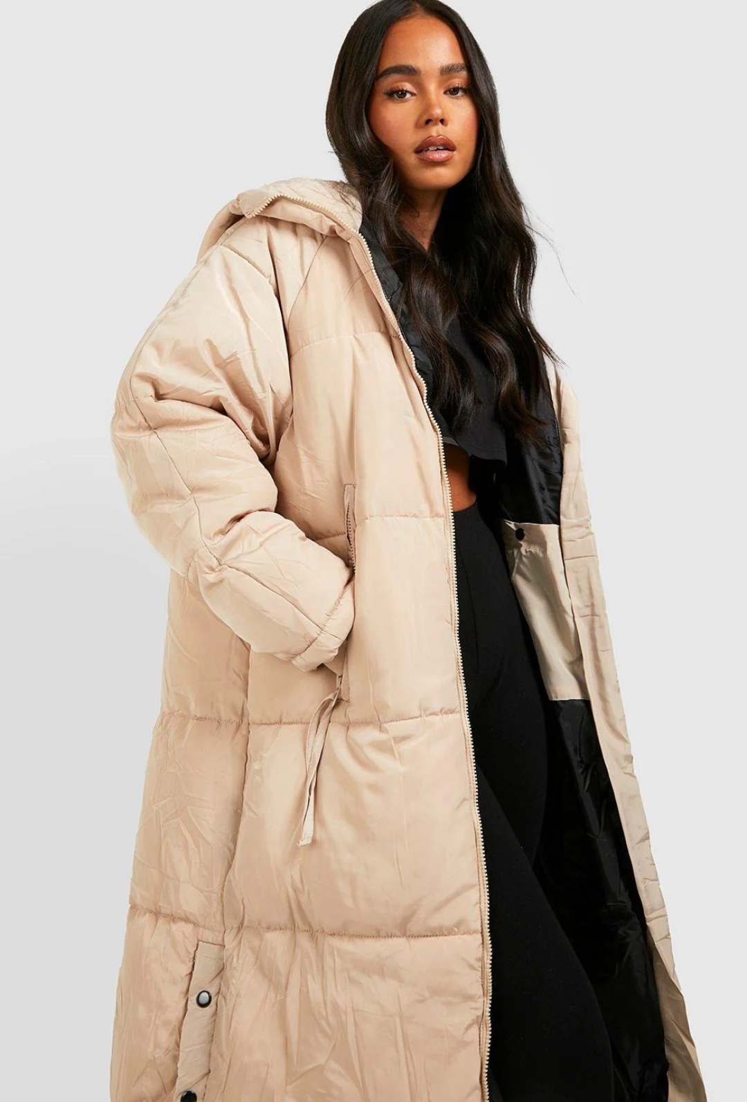 BEIGE HOOD LONGLINE PUFFER JACKET