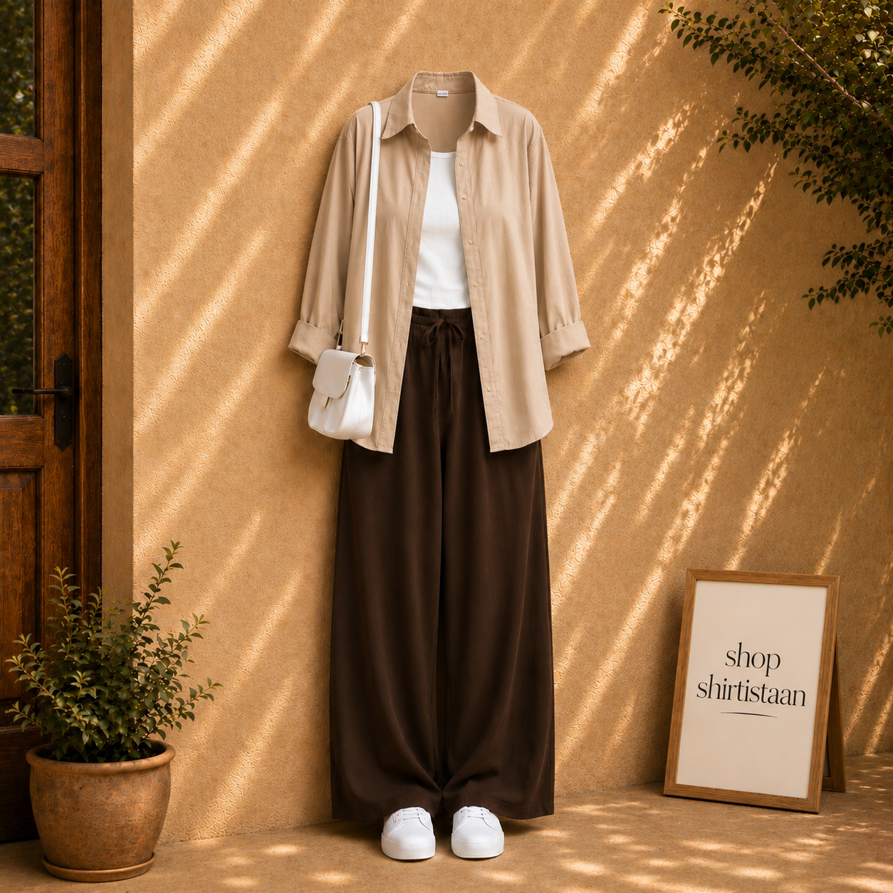 Beige Button Down Shirt With White Tank top and Brown Flapper