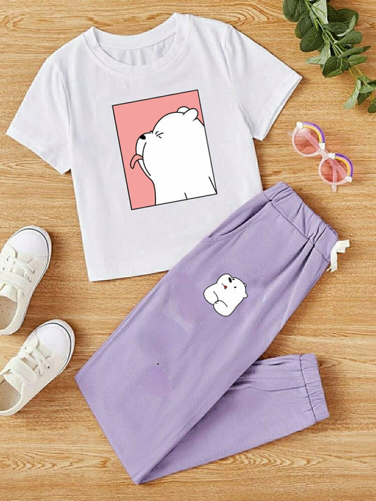 WHITE TSHIRT PANDA TONGUE WITH LILAC TROUSER POCKET ICE BEAR