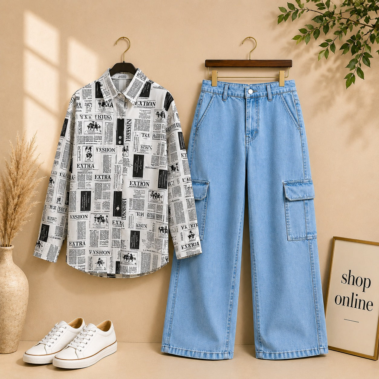 New Paper Button Down Shirt with Sky Blue Wide Leg Cargo Jeans