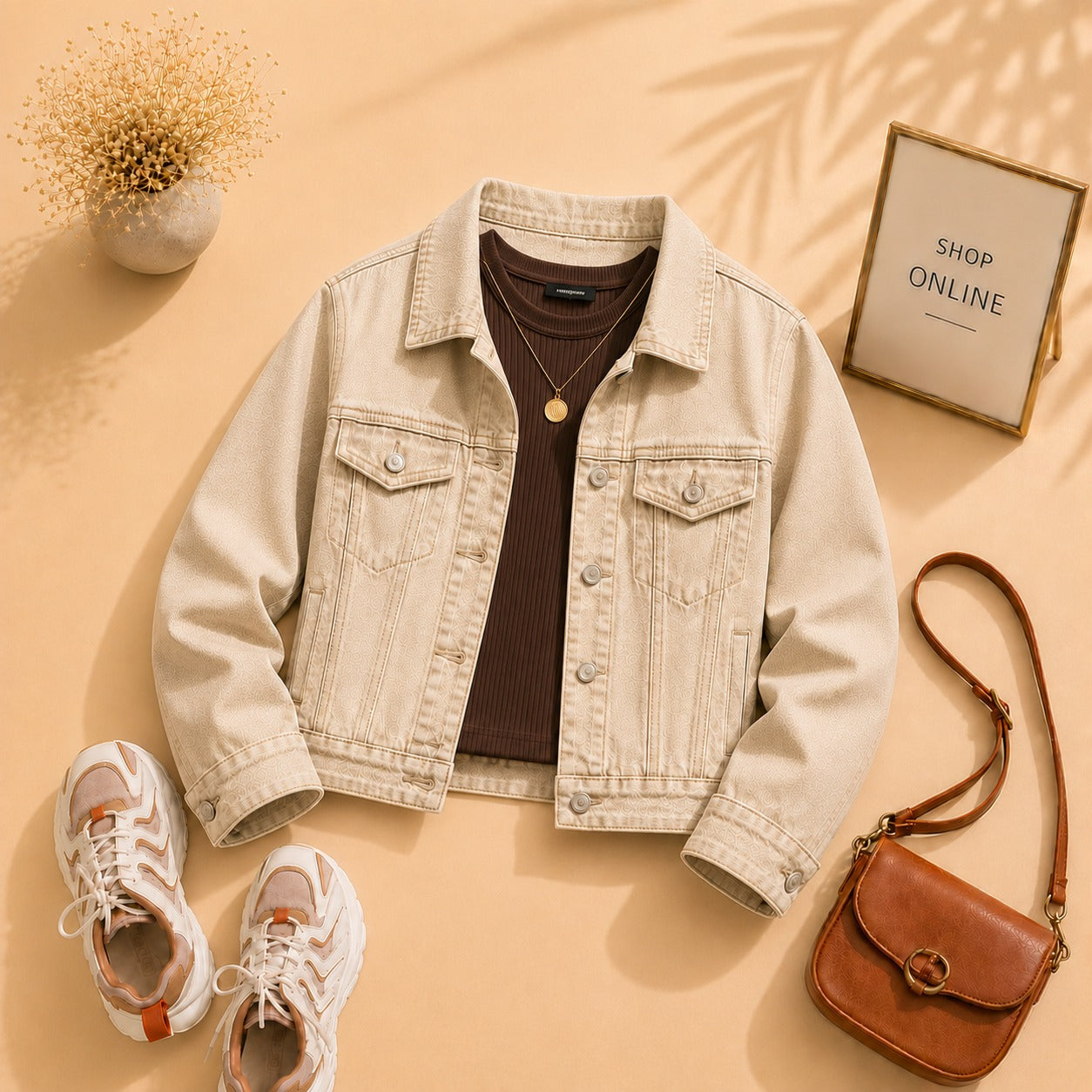 Beige Denim Jacket with Brown Tanktop