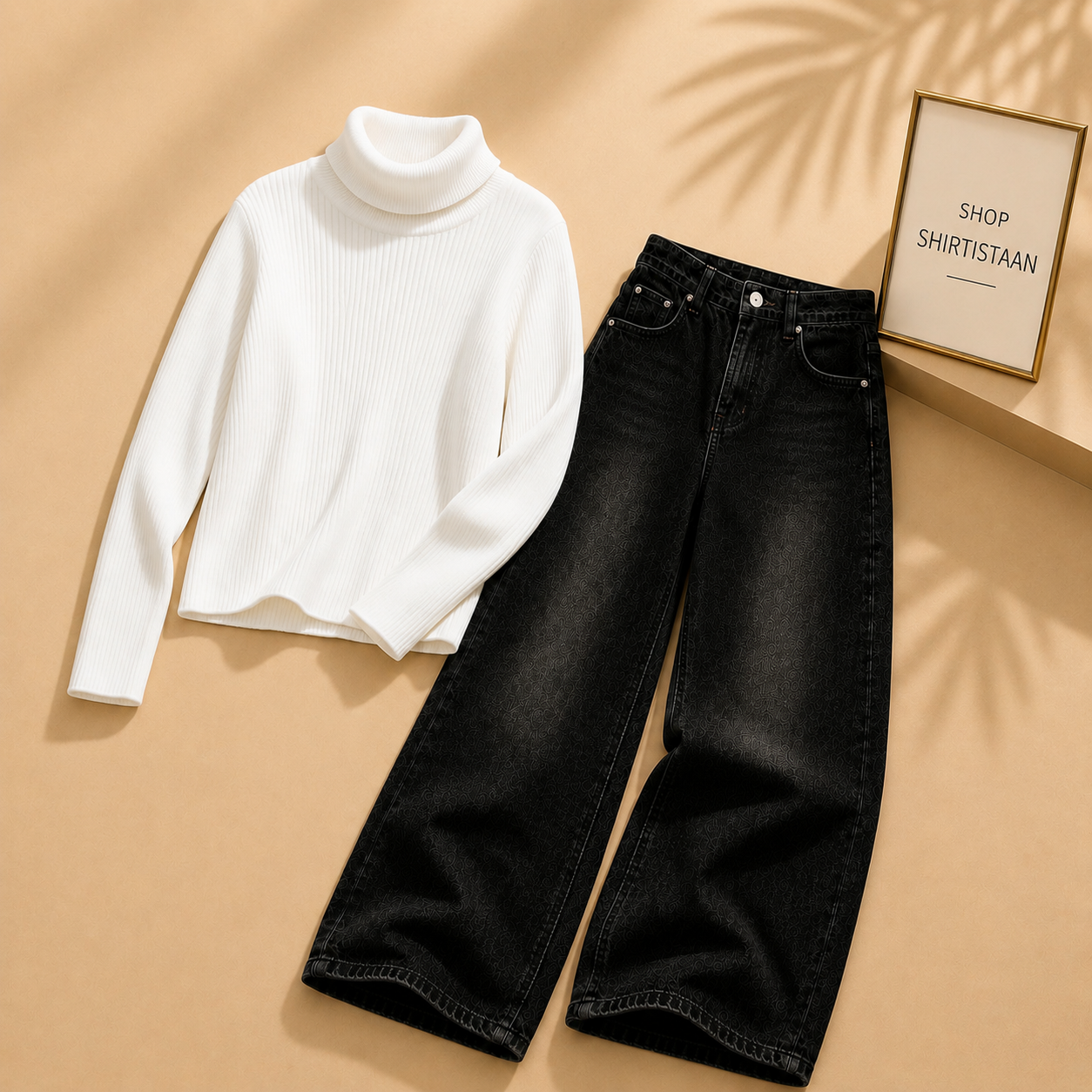 White Ribknit High Neck with Black Wide Leg Jeans