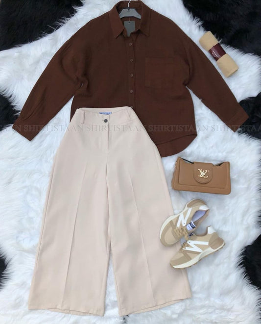 BROWN BUTTON DOWN SHIRT WITH BEIGE WIDE LEG JEANS