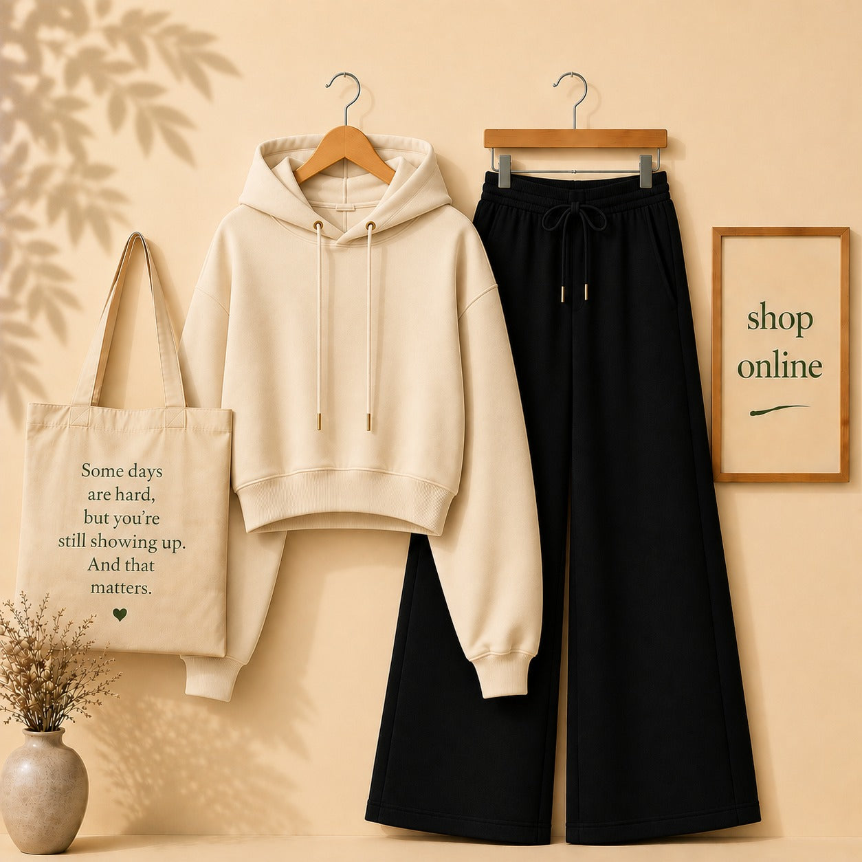 Basic Beige Crop Hoodie with Black Flapper