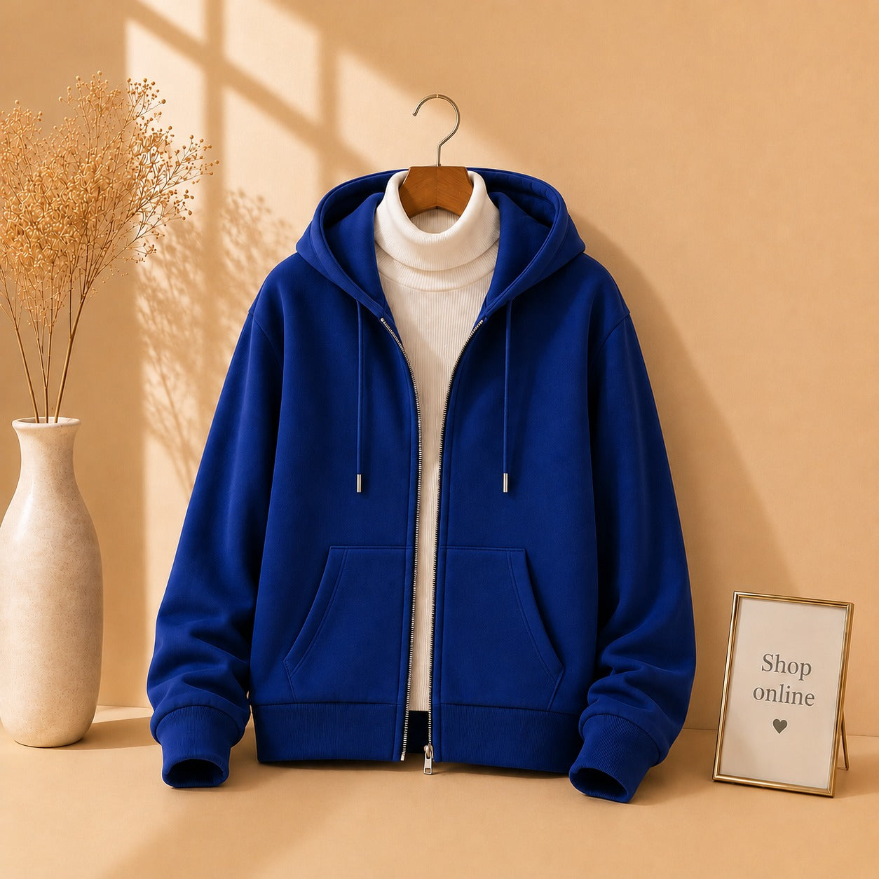 Basic Royal Blue Zipper with White Ribknit Highneck
