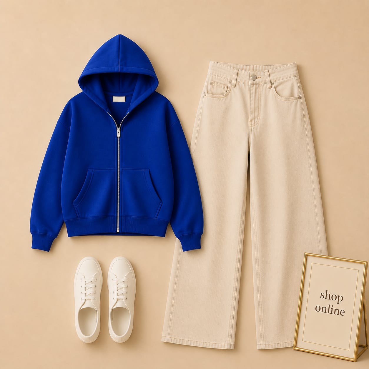 Royal Blue Zipper with Beige Wide Leg Jeans
