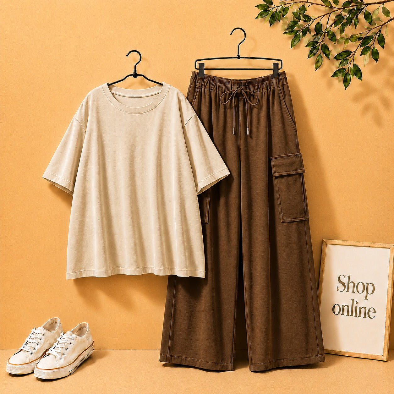Cream Drop Shoulder Tee with Brown Cargo Trouser