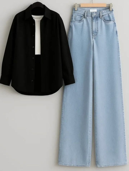Black Button down shirt with White Tee and Ice Blue Wide leg Jeans