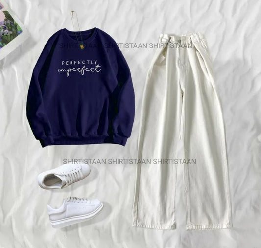 NAVY SWEATSHIRT PERFECTLY IMPERFECT WITH WHITE WIDE LEG JEANS