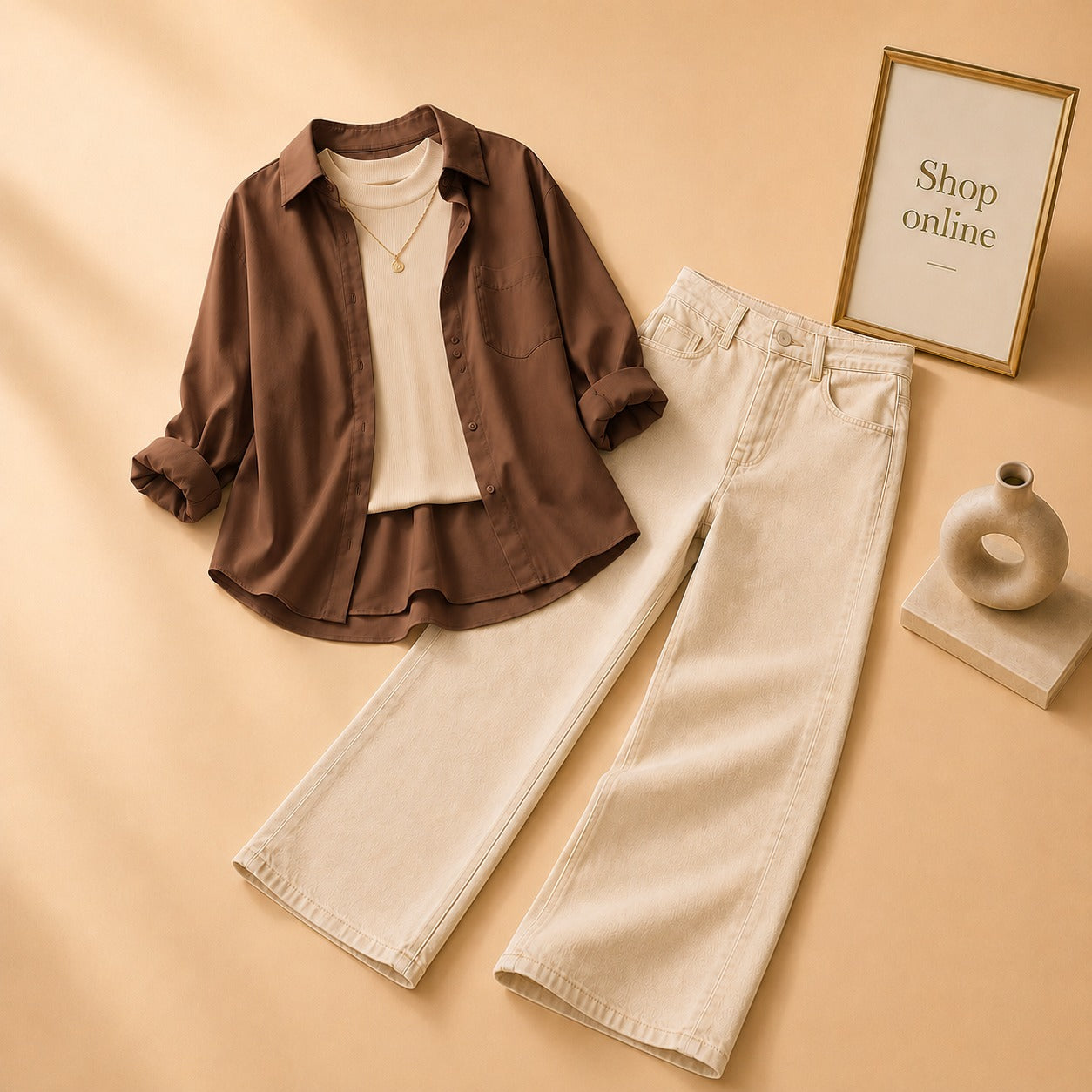 Brown Button Down Shirt with Beige Tank top and Beige Wide Leg Jeans