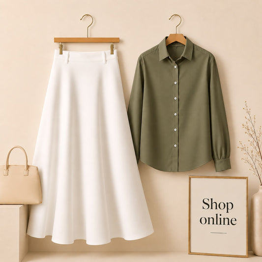 Olive Green Button Down Shirt with White Cotton Twill Skirt