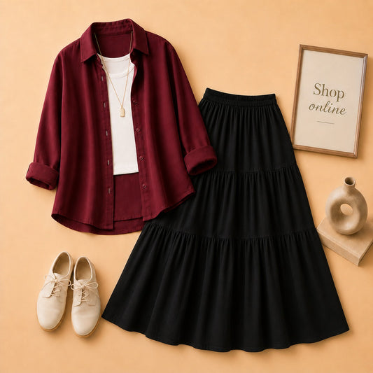 Maroon Button Down Shirt with White Tanktop & 3 Tire Black Skirt