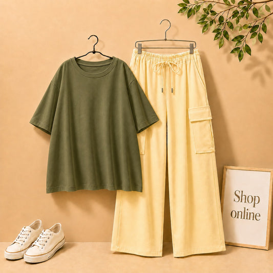 Olive Green Drop Shoulder Tee with Beige Cargo Trouser