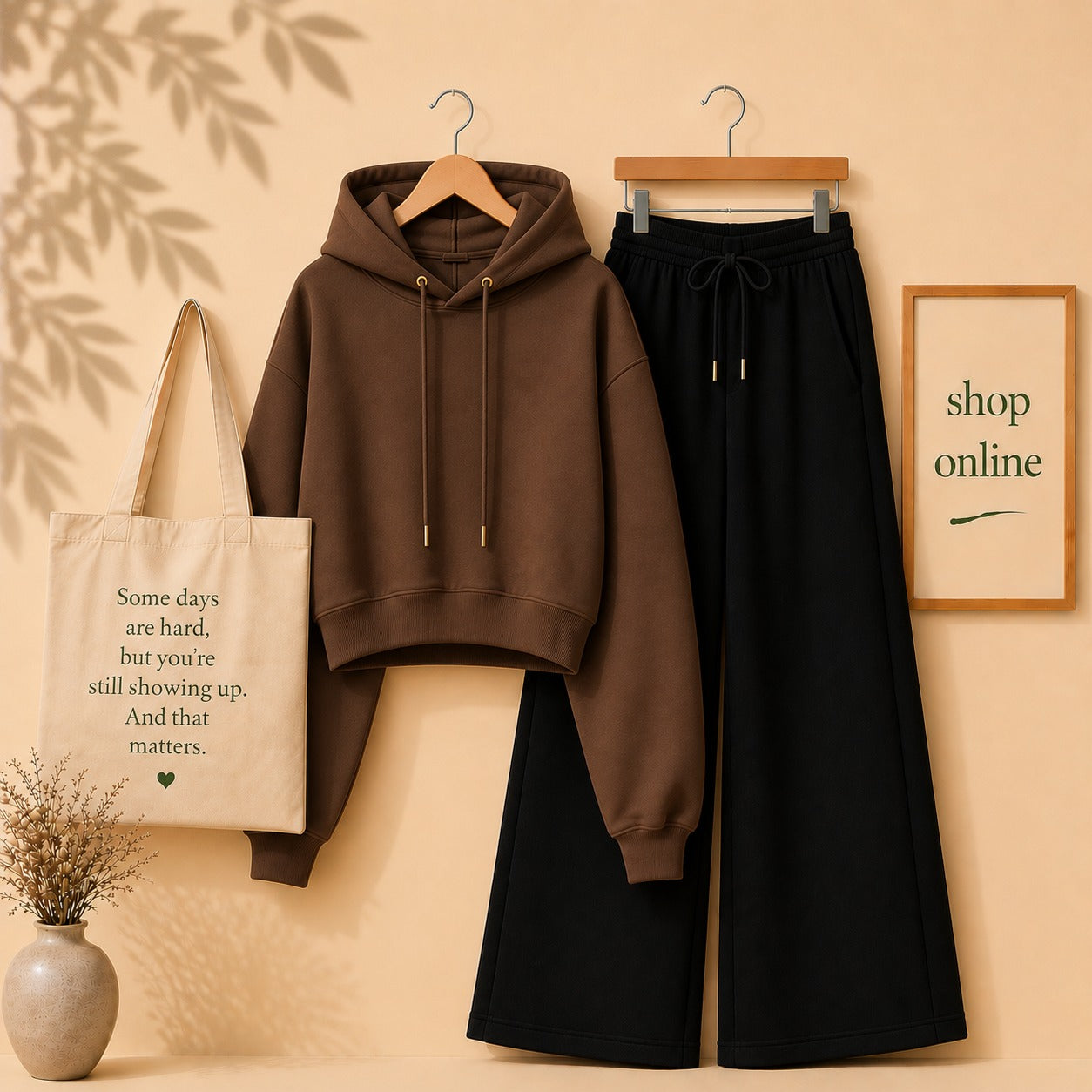 Basic Brown Crop Hoodie with Black Flapper