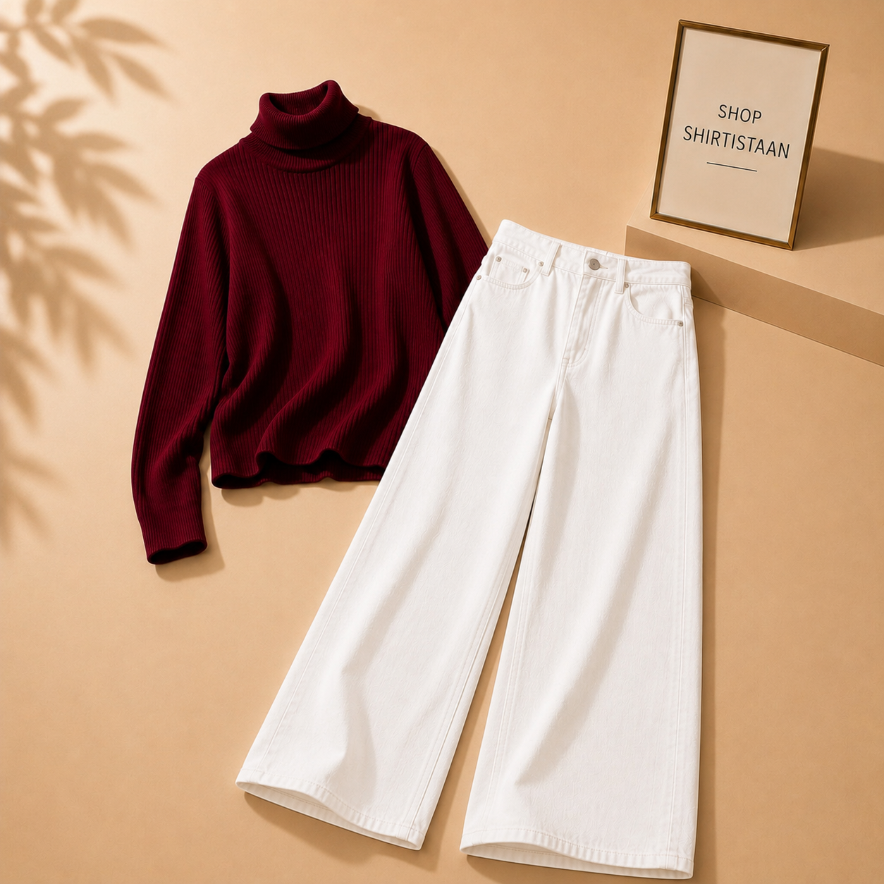 Maroon  Ribknit High Neck with White Wide Leg Jeans