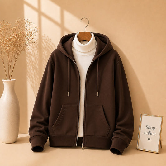 Basic Brown Zipper with White Ribknit Highneck