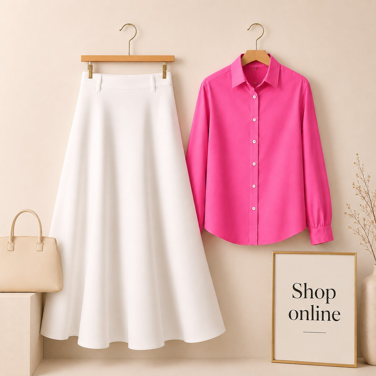 Hot Pink Button Down Shirt with White Cotton Twill Skirt