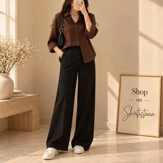 BROWN BUTTON DOWN SHIRT WITH BLACK FLAPPER