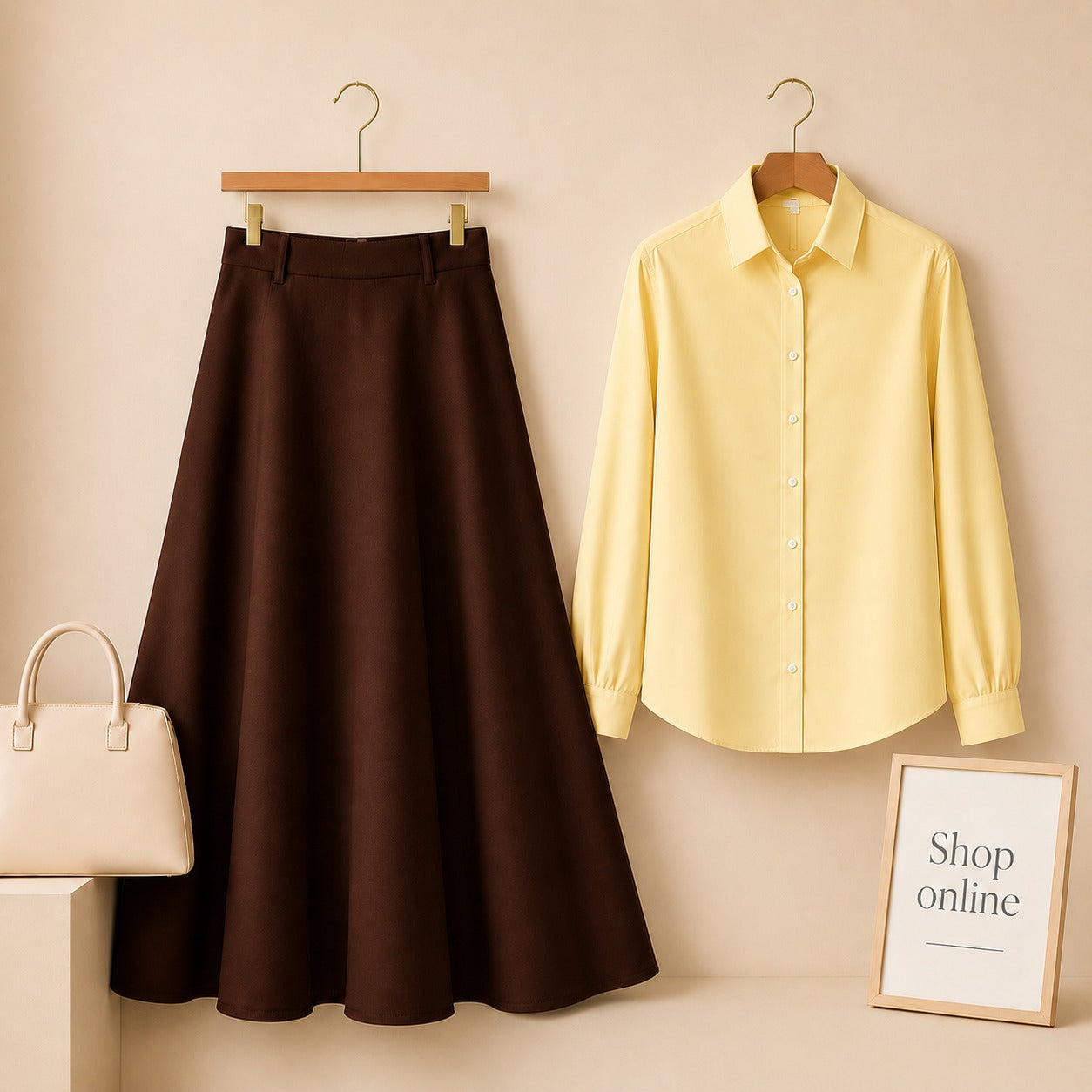 Yellow Button Down Shirt with Brown Cotton Twill Skirt