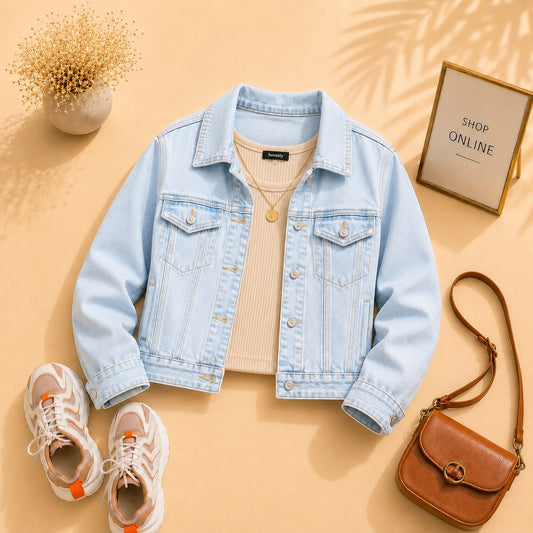 Ice Blue Denim Jacket with Beige Tanktop