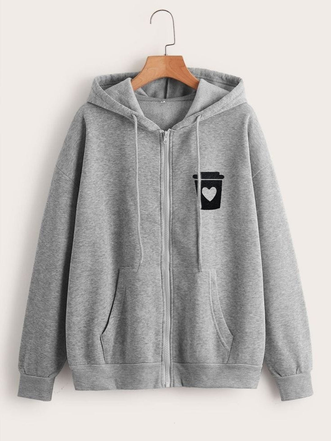 GREY ZIPPER HOOD COFFEE CUP ON POCKET