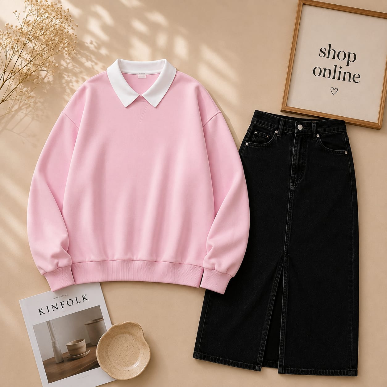 Pink Collar Sweatshirt with Black Denim Skirt