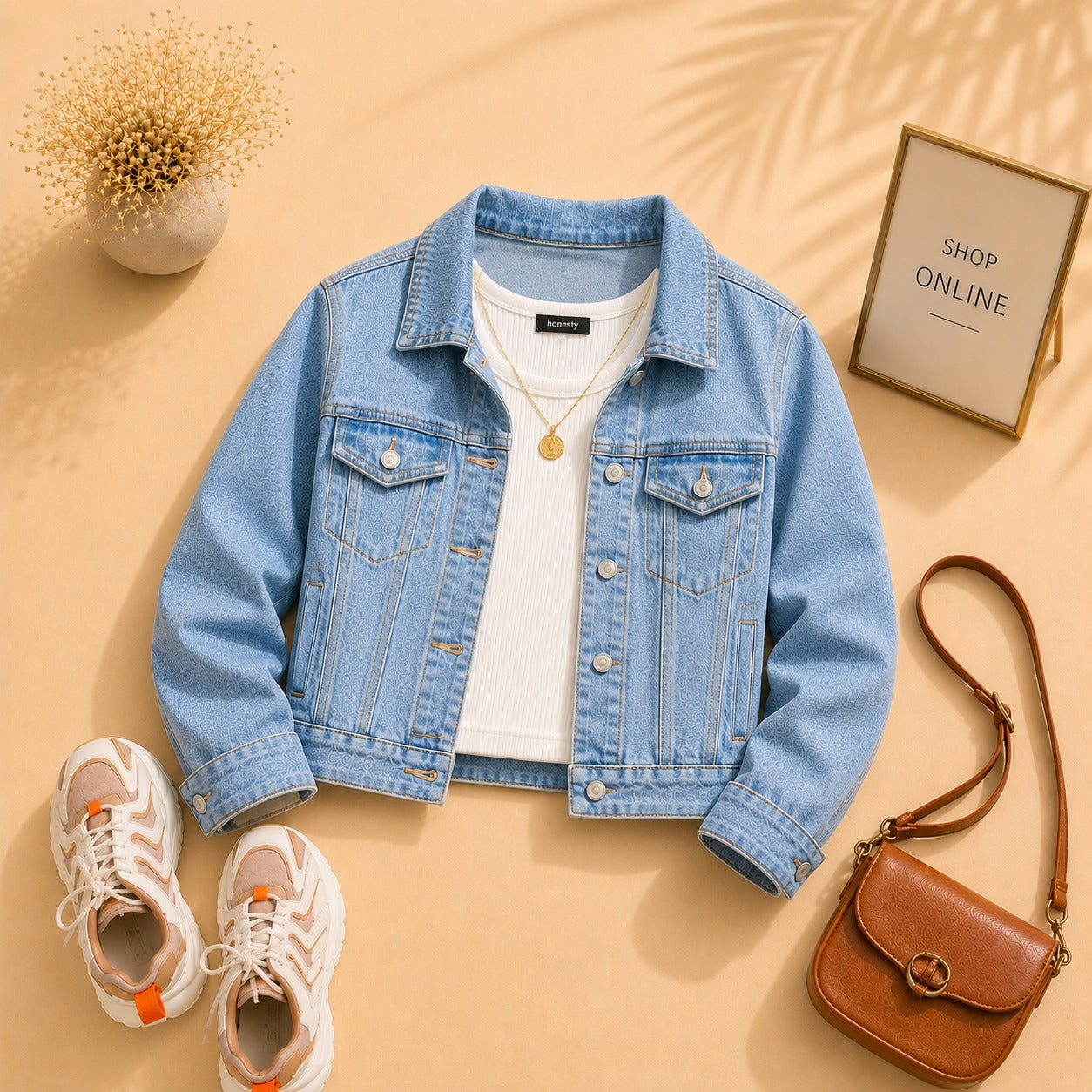 Sky Blue Denim Jacket with White Tanktop