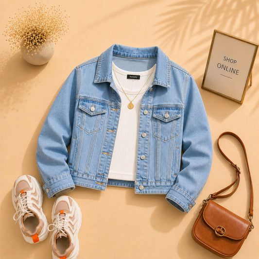 Sky Blue Denim Jacket with White Tanktop