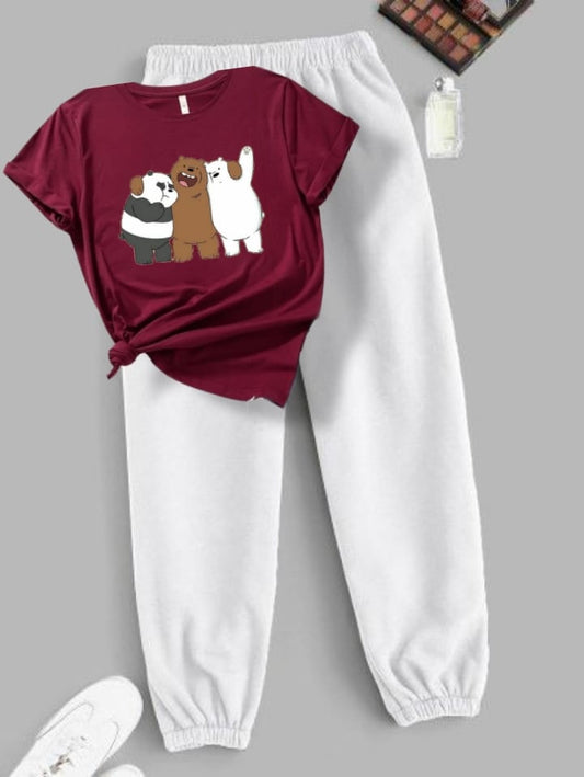 MAROON TEE TOGETHER BEAR WITH WHITE TROUSER