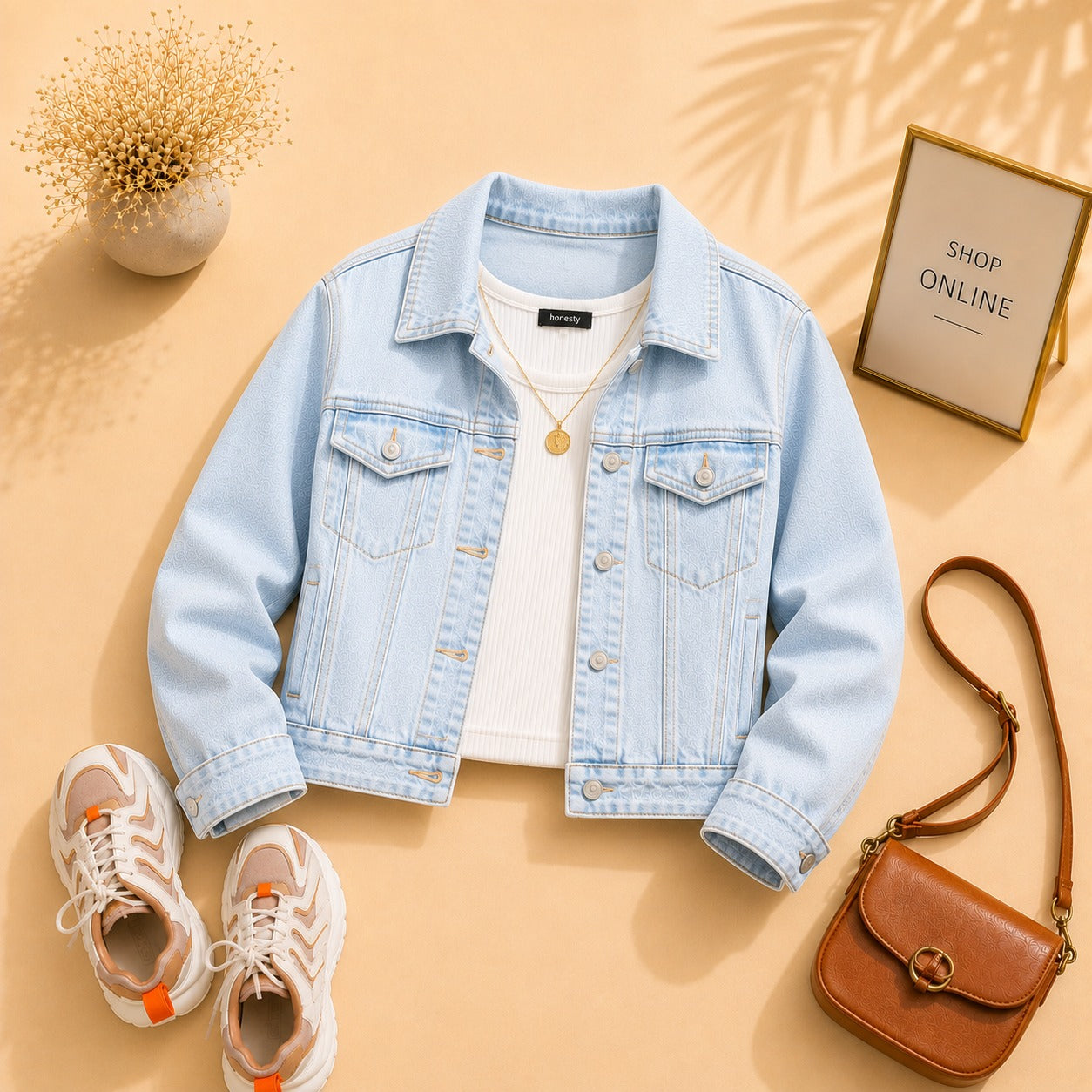 Ice Blue Denim Jacket with White Tanktop