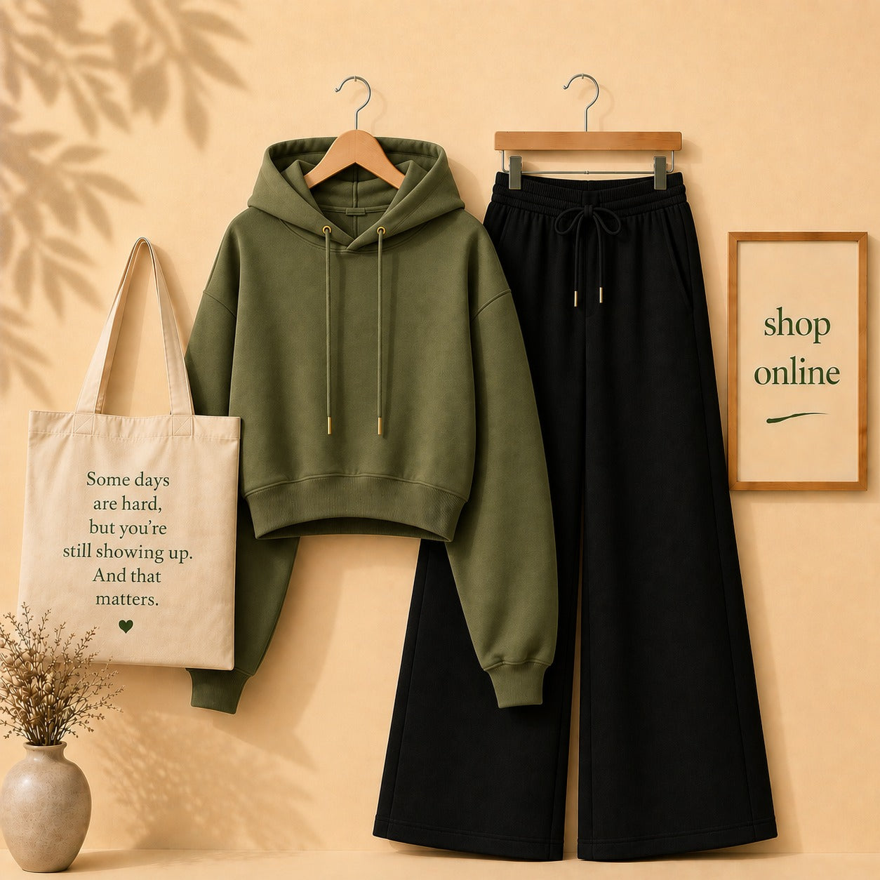Basic Olive Green Crop Hoodie with Black Flapper