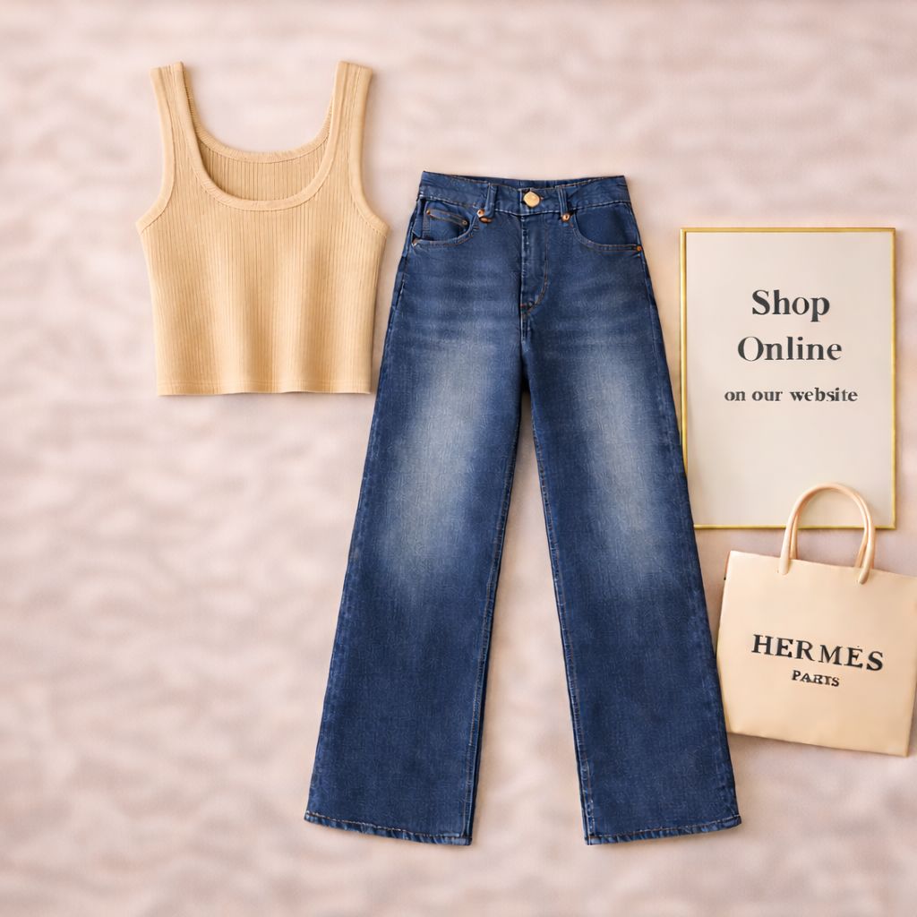Beige Tanktop with Mid blue wide Leg Jeans